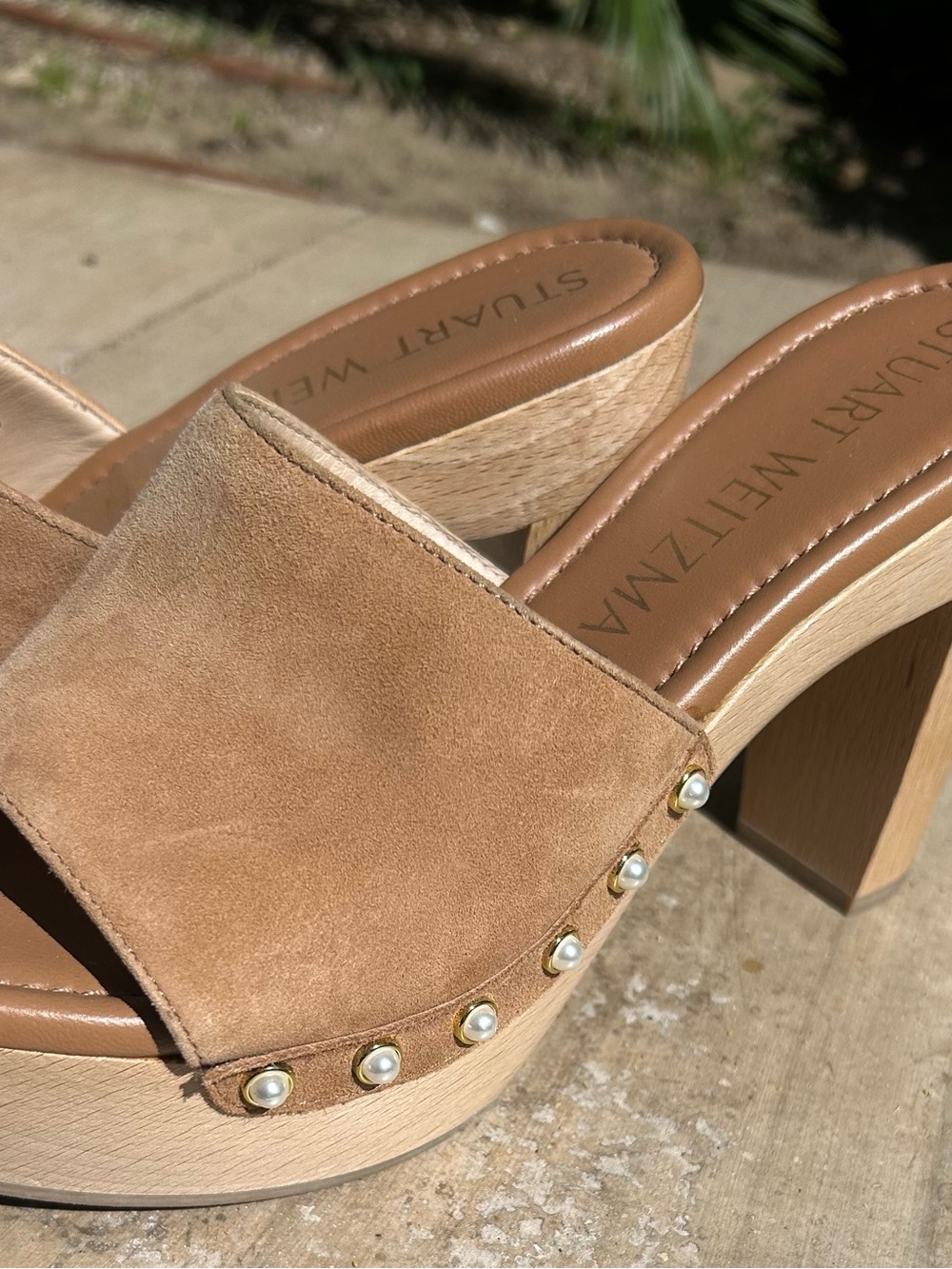 Stuart Weitzman Tan Suede Pearl-Trim Platform Mules - Picture 2 of 8
